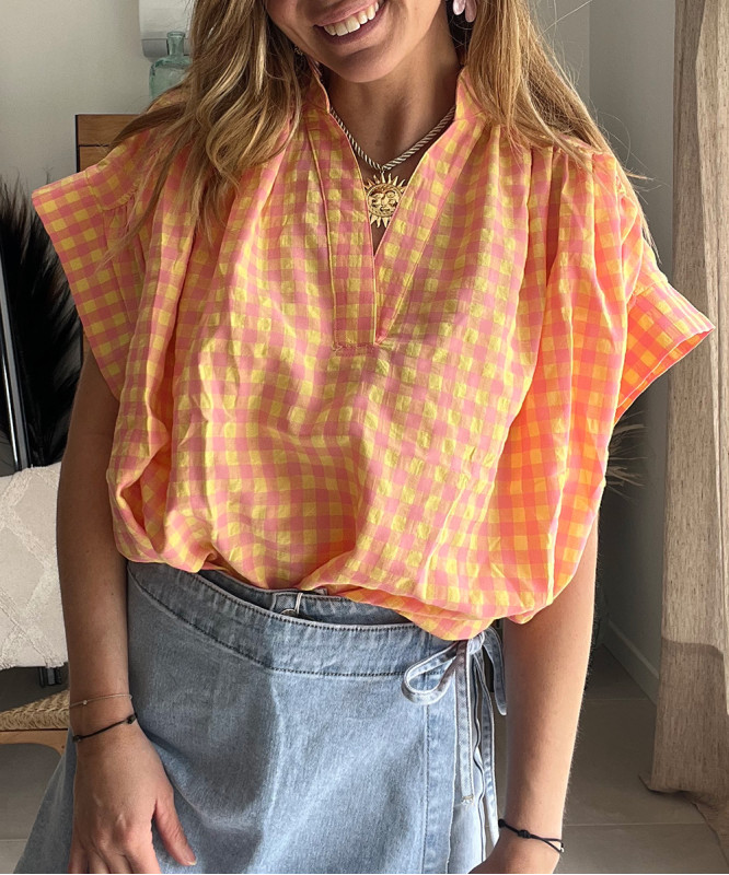 Blouse à carreaux jaune et orange