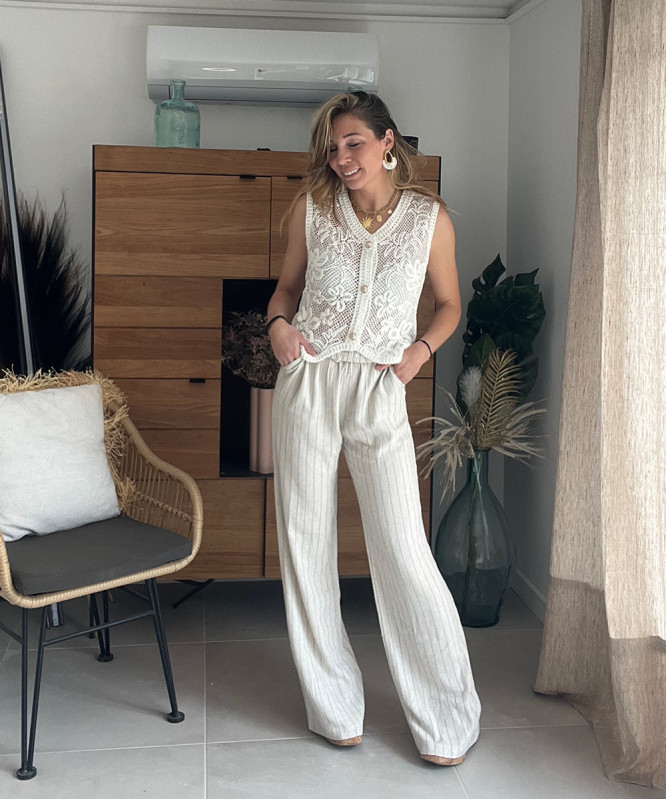 Pantalon en lin beige à rayures noires