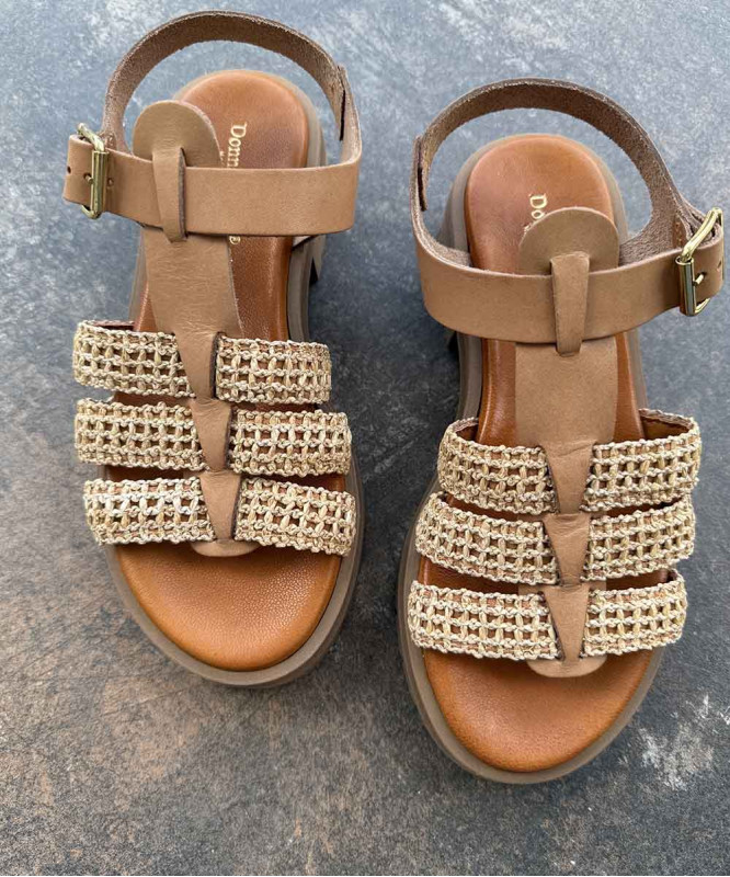 Donna Lucca - sandales semelle épaisse camel et raphia beige