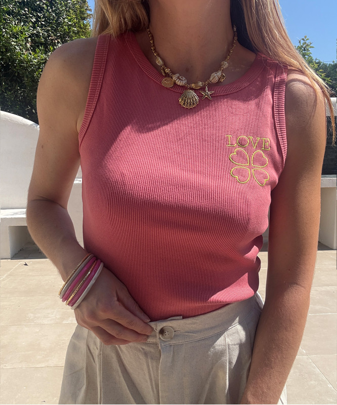 Débardeur rose love jaune fluo