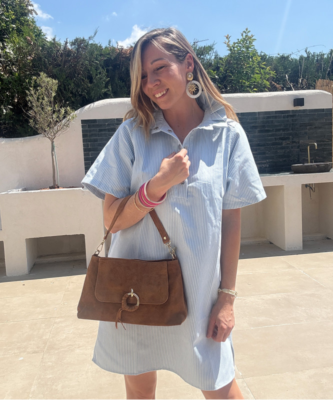 Robe courte en coton bleue à rayures blanches