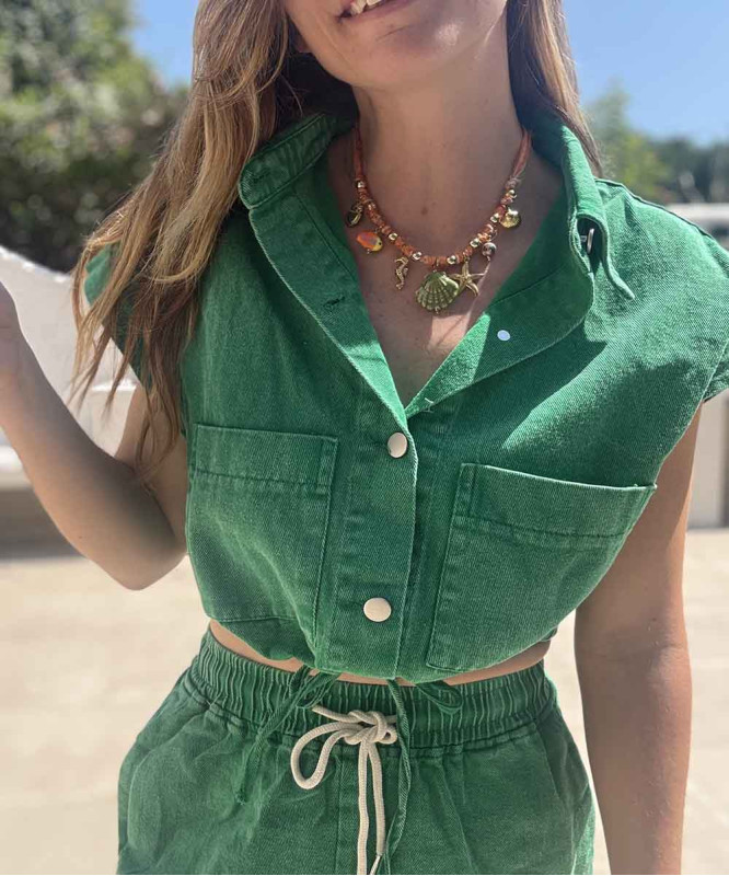 Top vert coton délavé sans manches