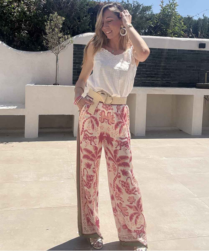 Pantalon fluide motifs jungle roses