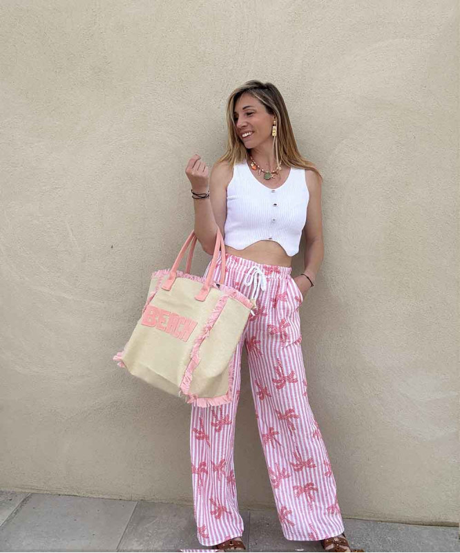 Pantalon gaz de coton rose motifs palmiers