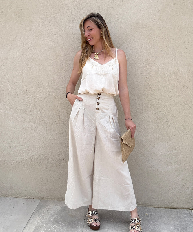 Pantalon lin beige jupe culotte