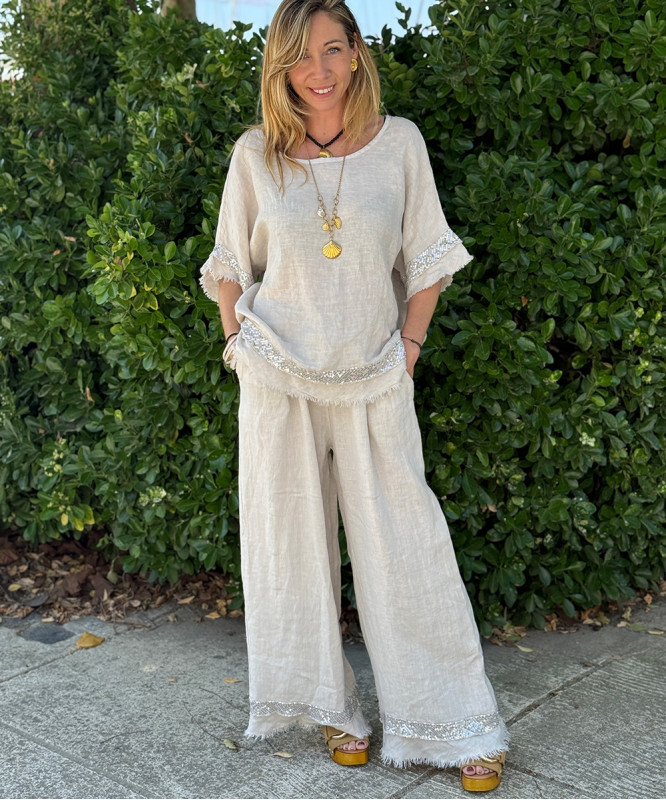 Pantalon large en lin bas à strass