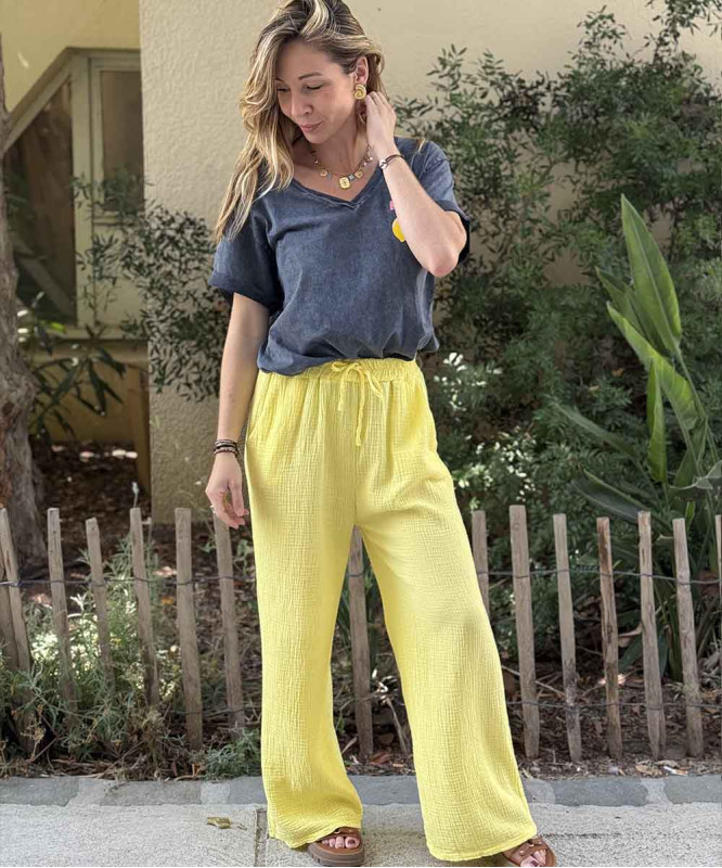Pantalon en gaz de coton jaune