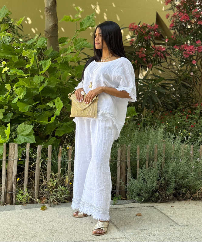 Pantalon en lin blanc à strass